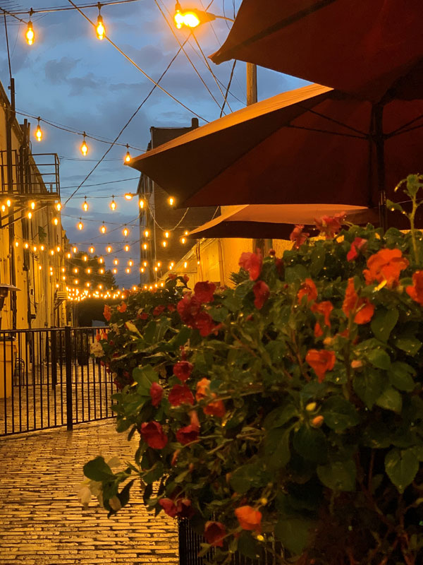 renovated alleyway with yellow edison lights and decorative flowers