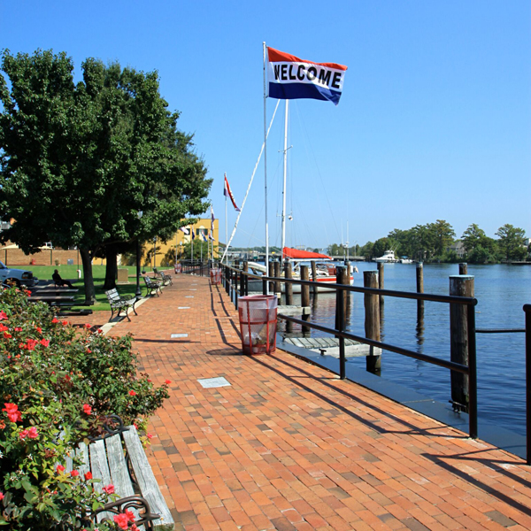 waterfront elizabeth city boardwalk with flag
