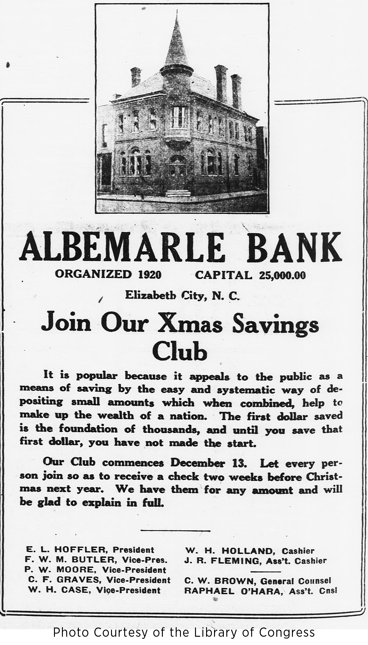 old newspaper article announcing christmas savings club of the albemarle bank